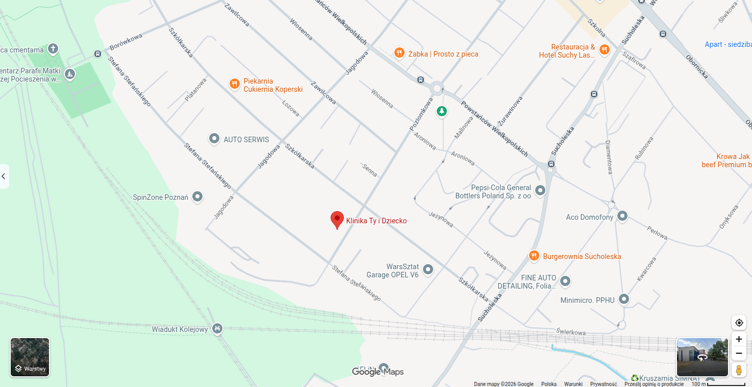 Mapa dojazdu do Kliniki Ty i Dziecko, ul. Poziomkowa 64, Suchy Las